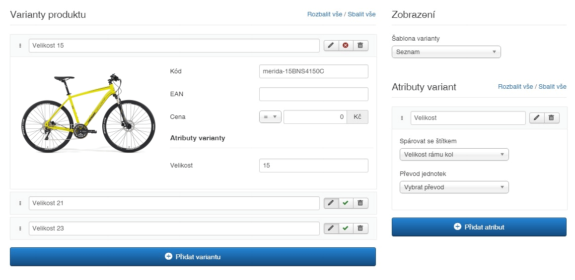 Administrace variant produktu