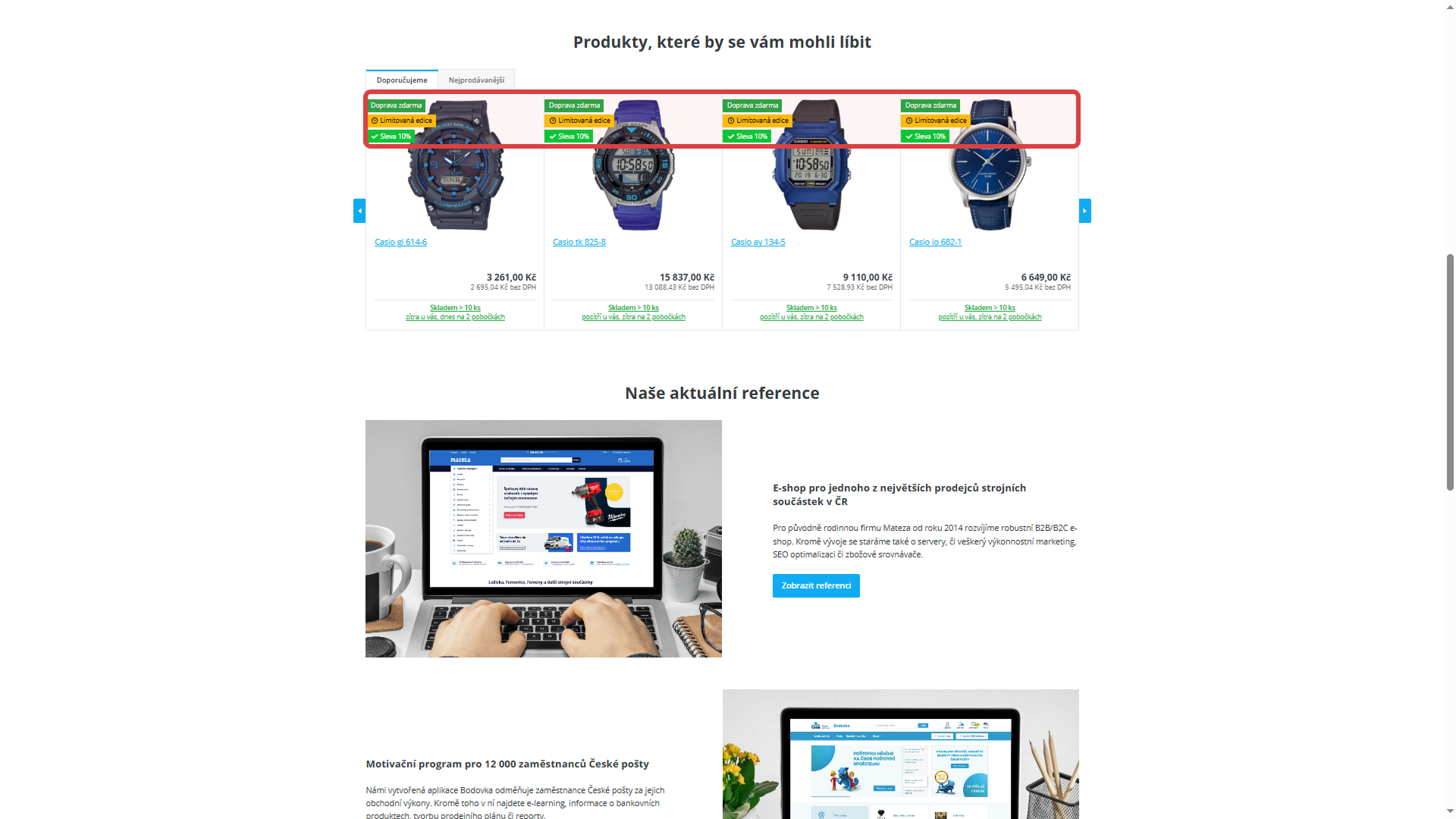 Vlaječky v carouselech produktů na eshopu.