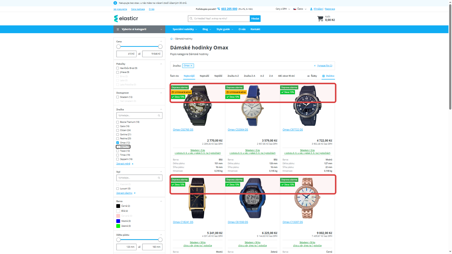 Frontend e-shopu s vlaječkou slevového kódu/limitované edice u vybraných hodinek.