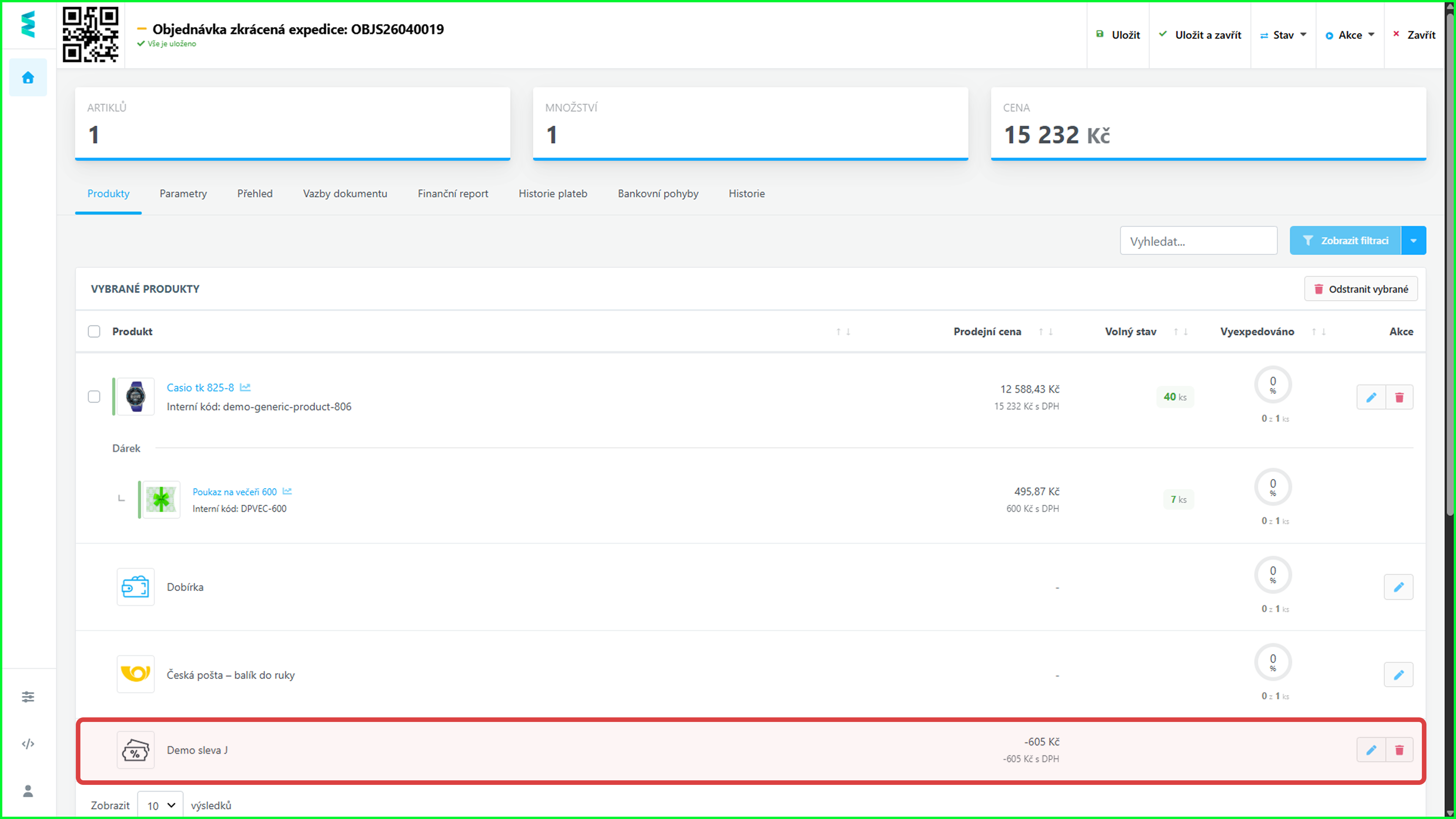 4. Jako administrátor vidíte kupón a jeho slevu jasně v detailu objednávky