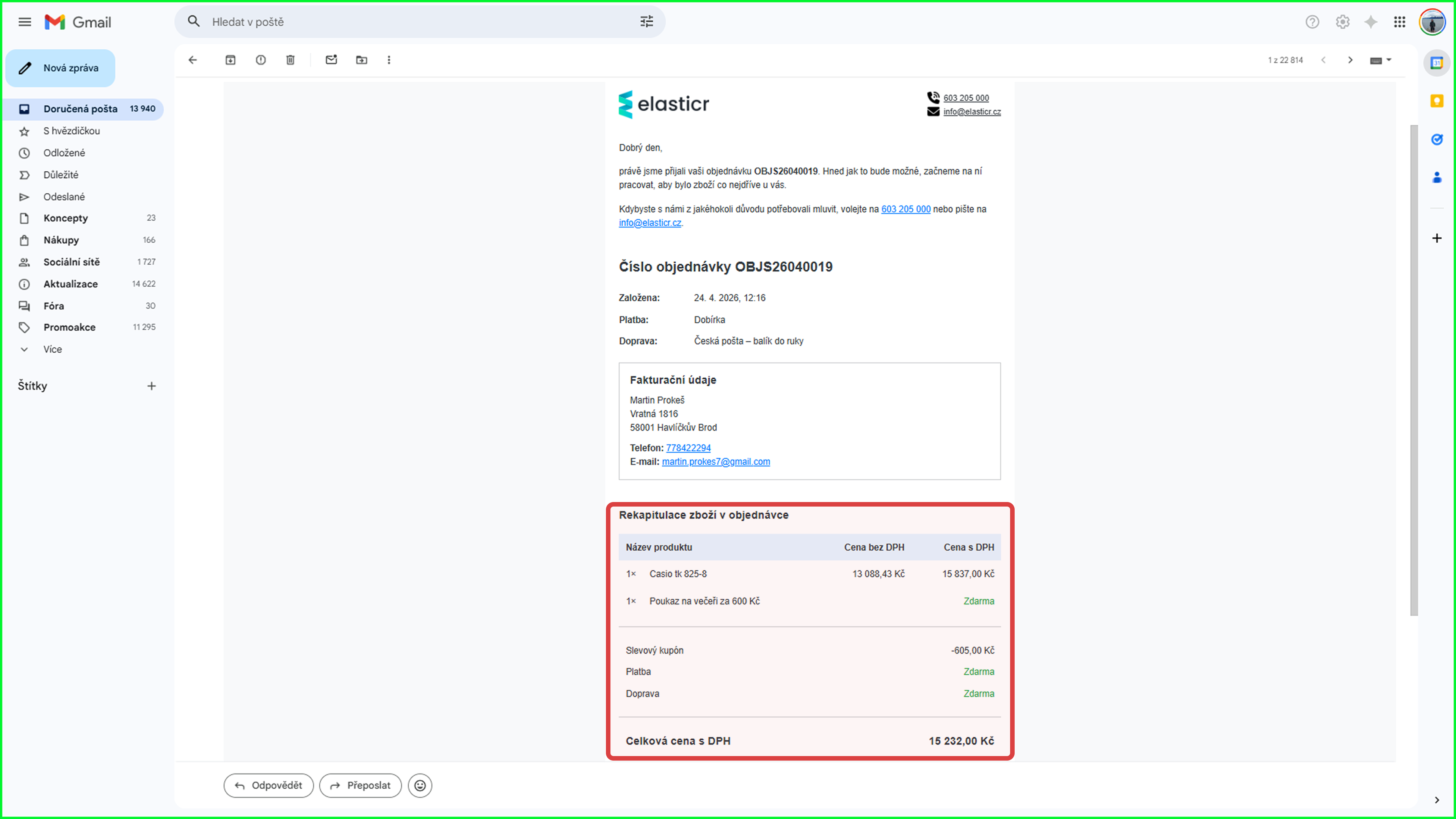 5. Kupón se správně propisuje i do transakčních e-mailů či dokumentů