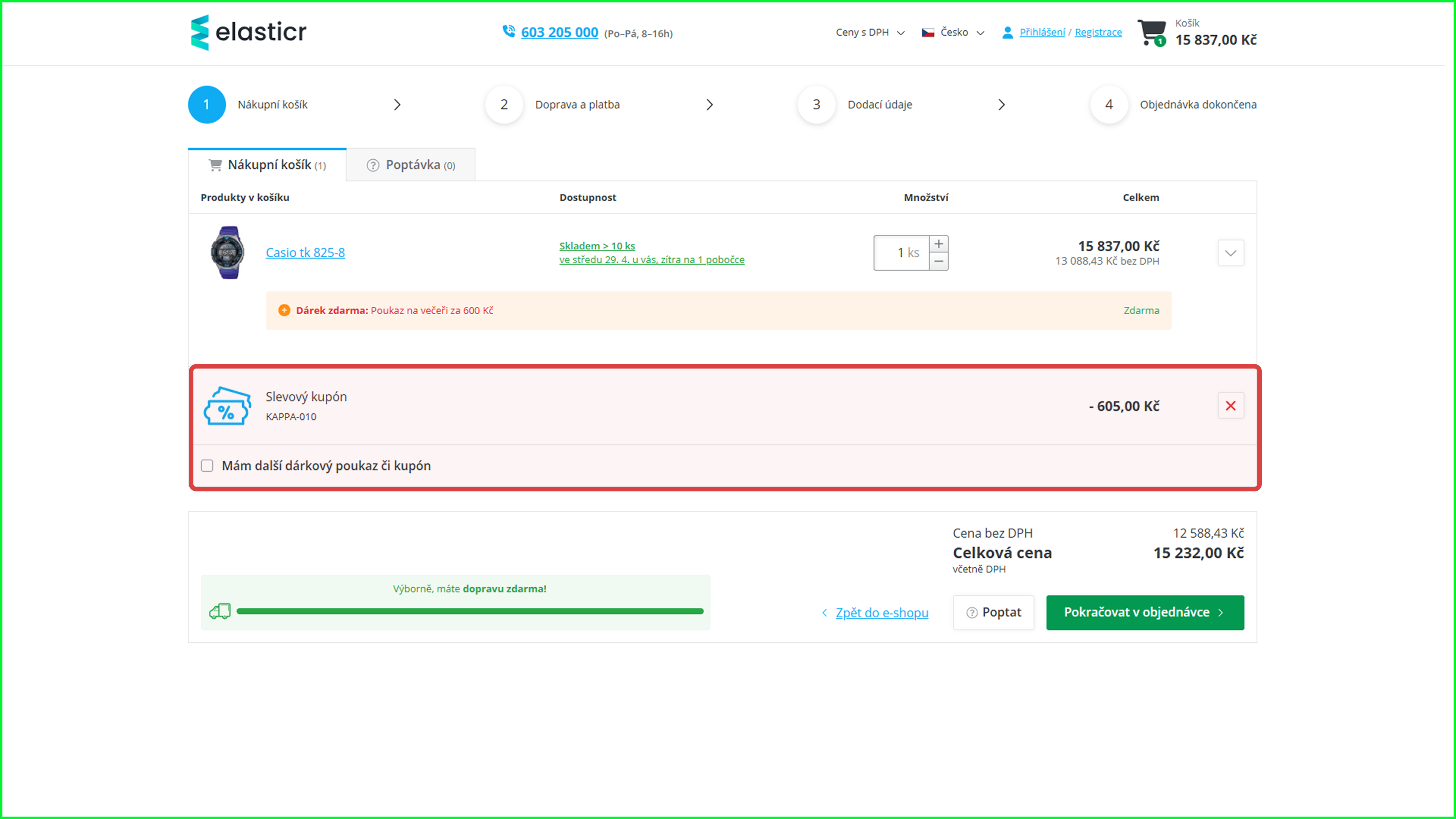 2. Po úspěšném uplatnění je kupón jasně viditelný