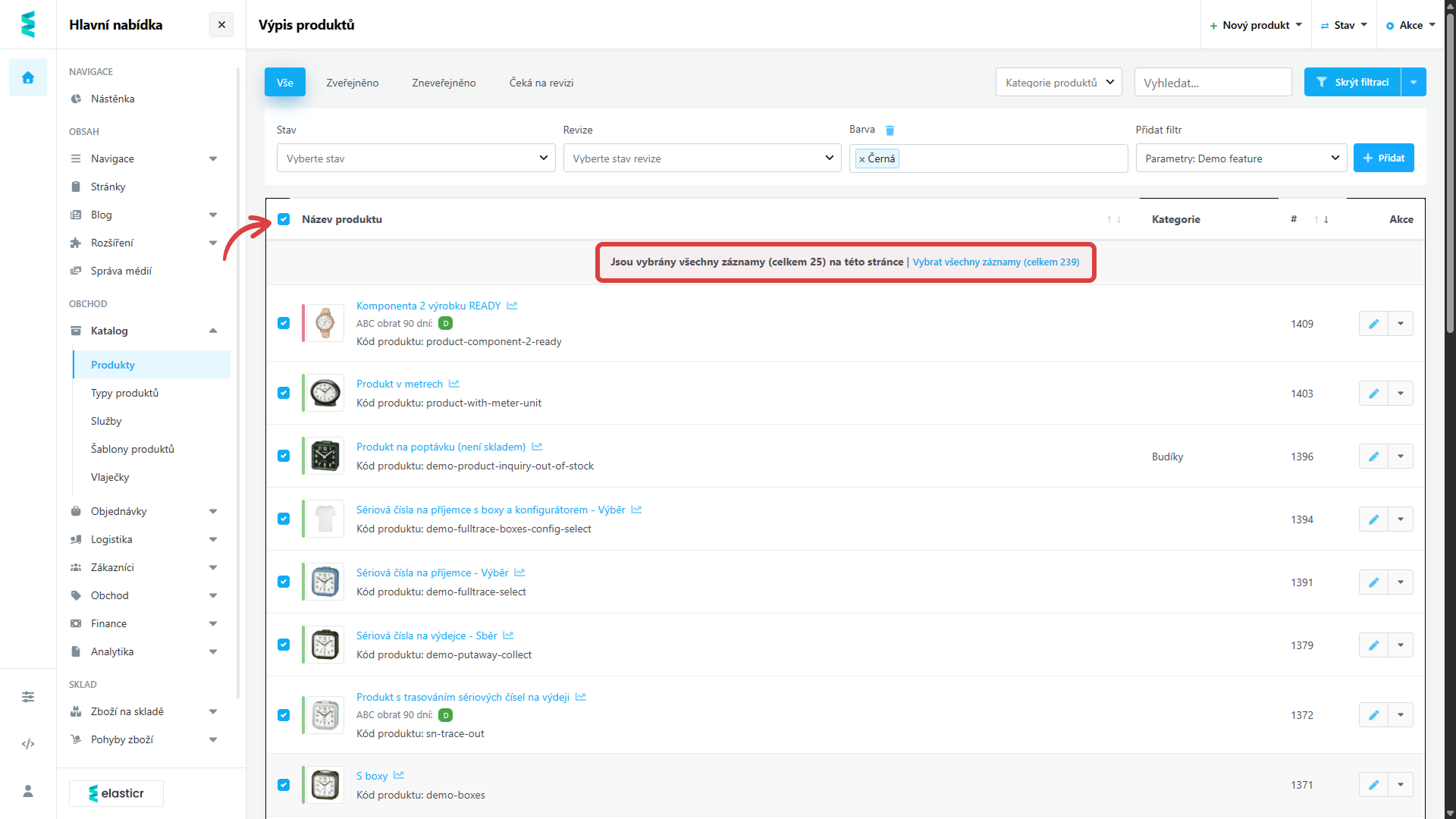 2. Výběr produktů k exportu