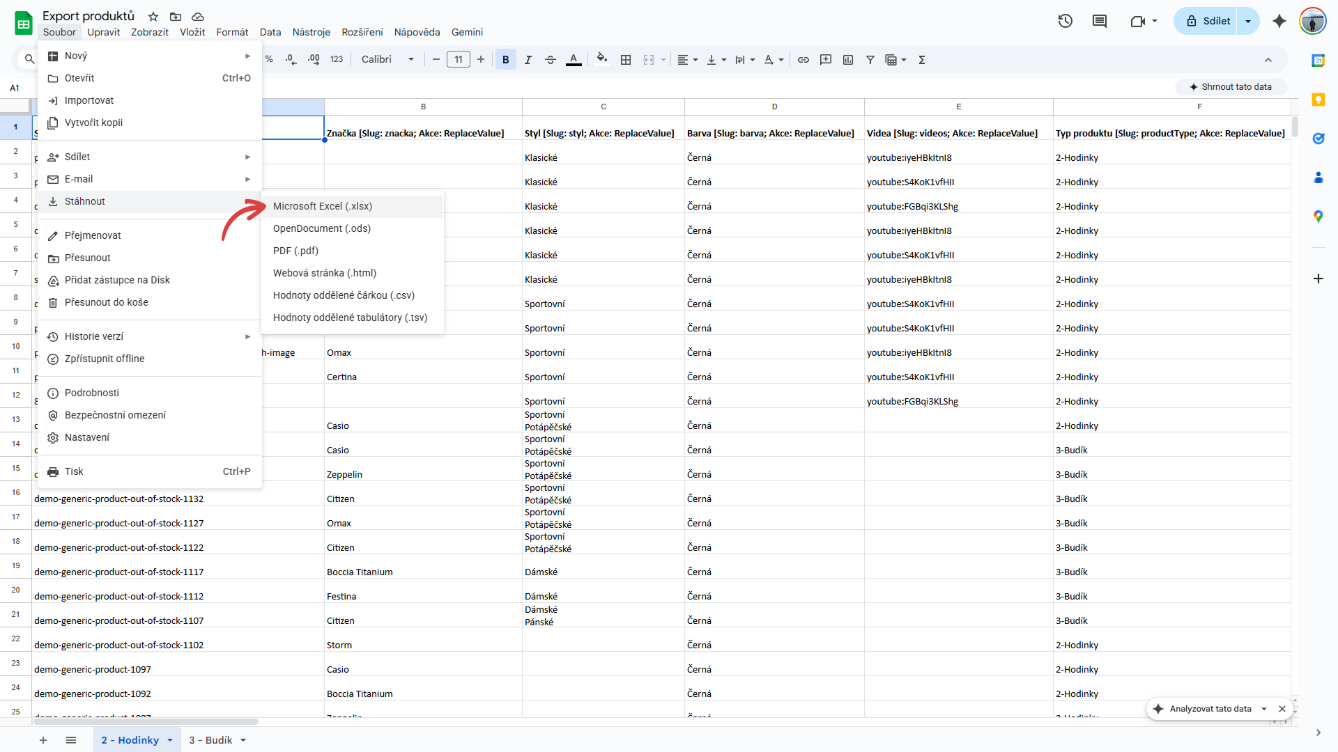 1. Upravený soubor vyexportujte ve formátu XLSX