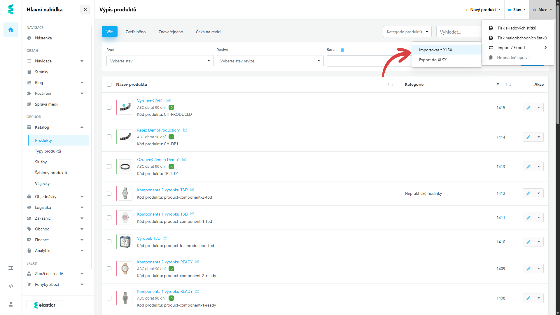 2. V Produktech zvolte akci Importovat z XLSX