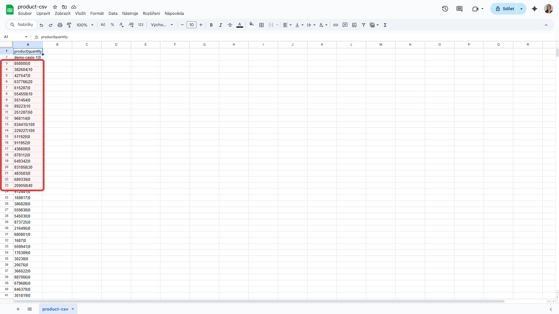 3. V souboru k produktům doplní množství (formát je příklad, lze upravit na míru)