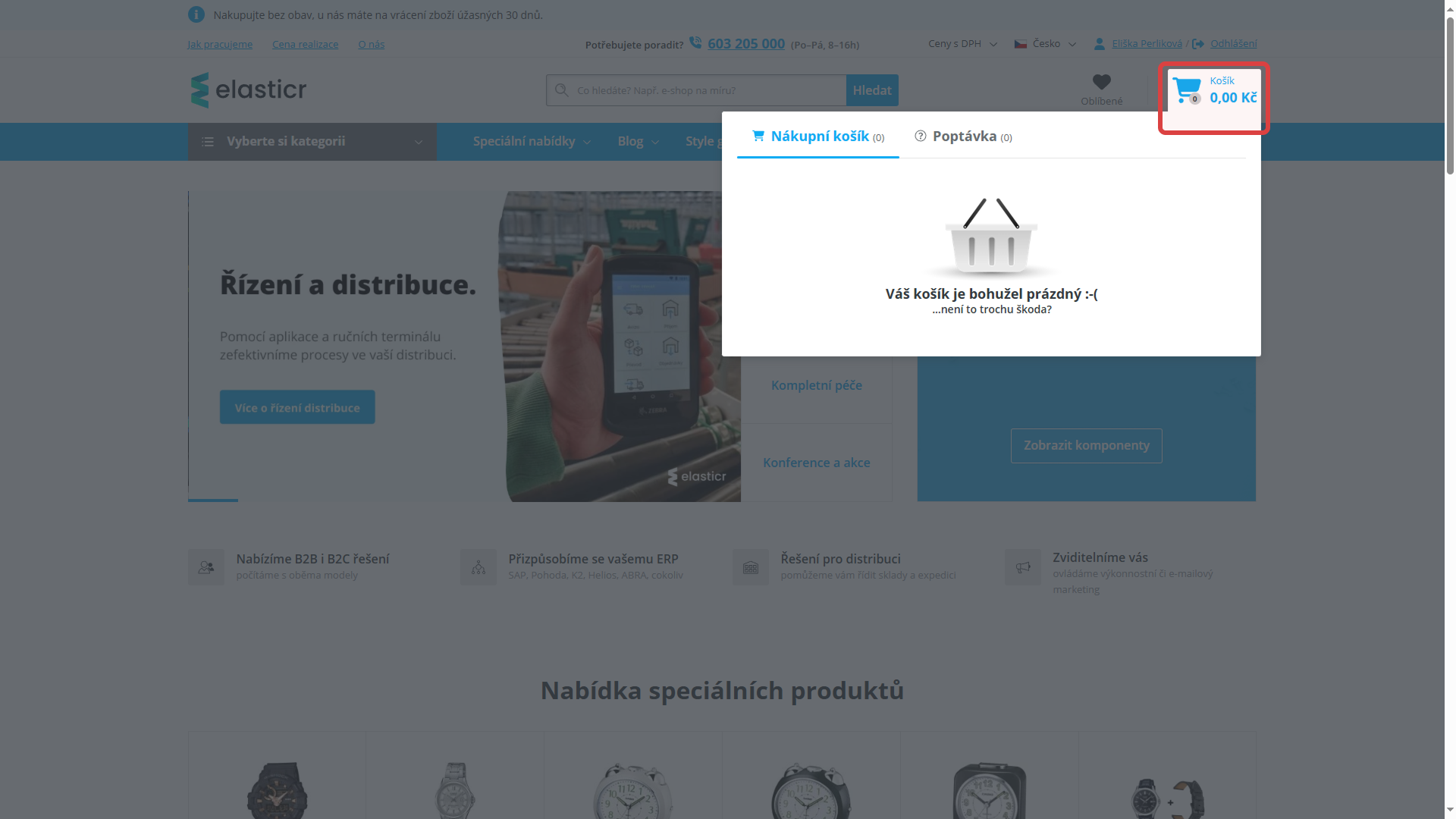 1. Zákazník přejde do prázdého košíku na e-shopu