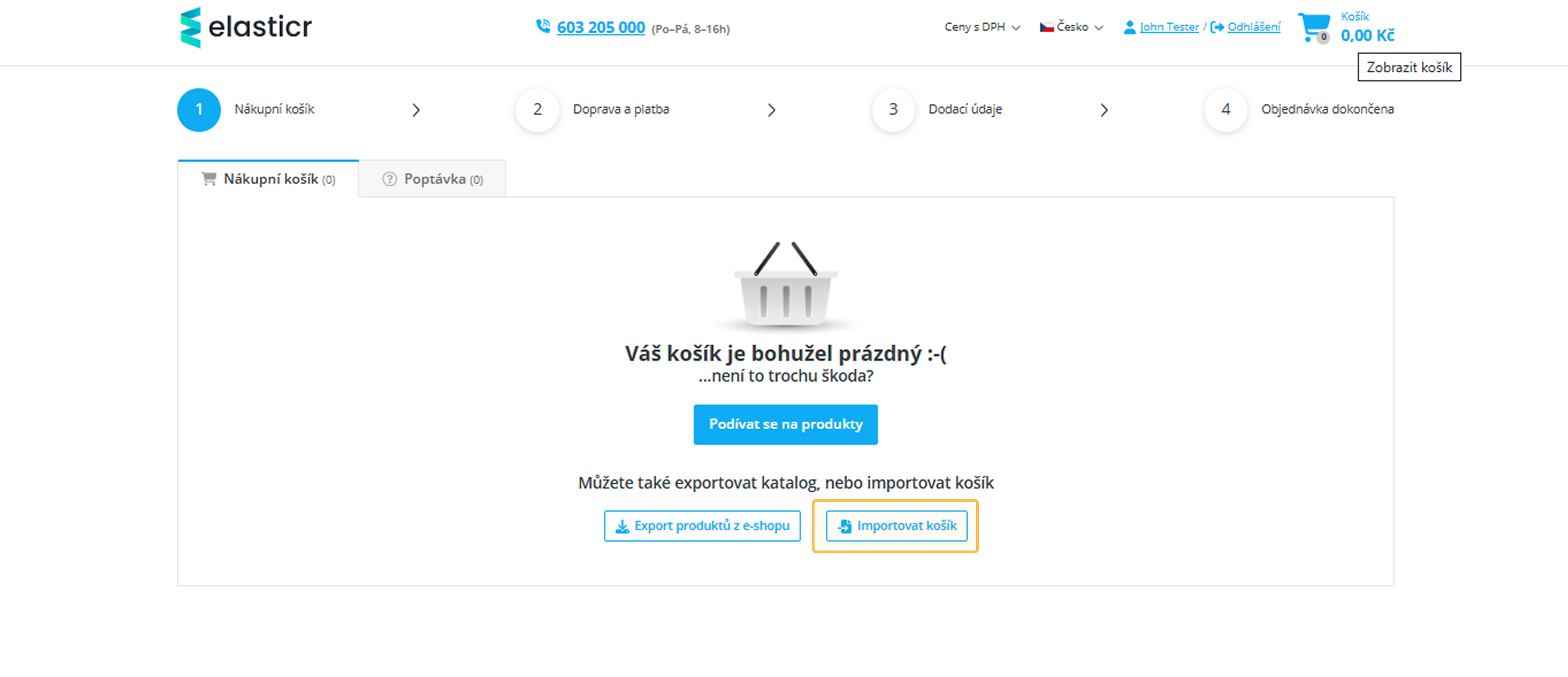 2. Ukázka funkce importu košíku