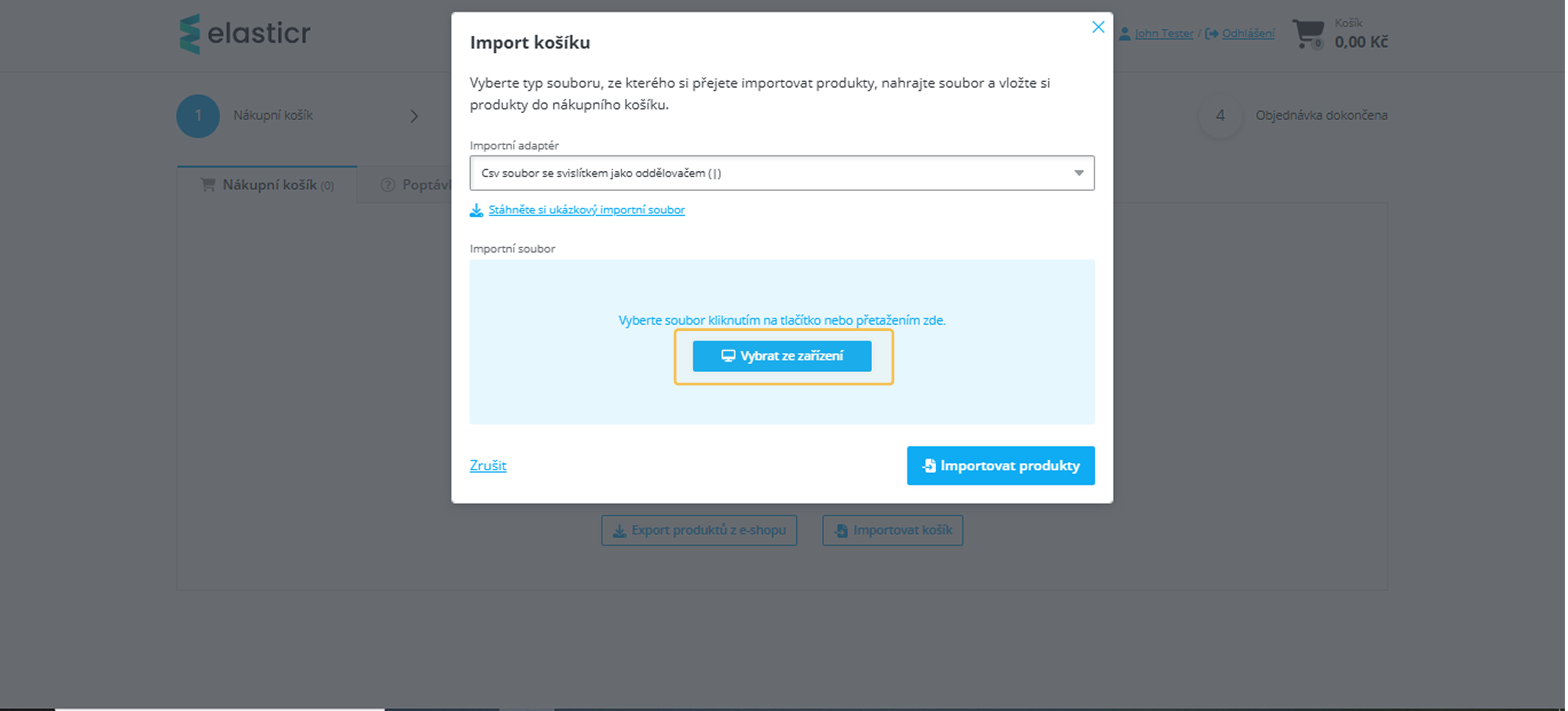 3. Ukázka funkce importu košíku