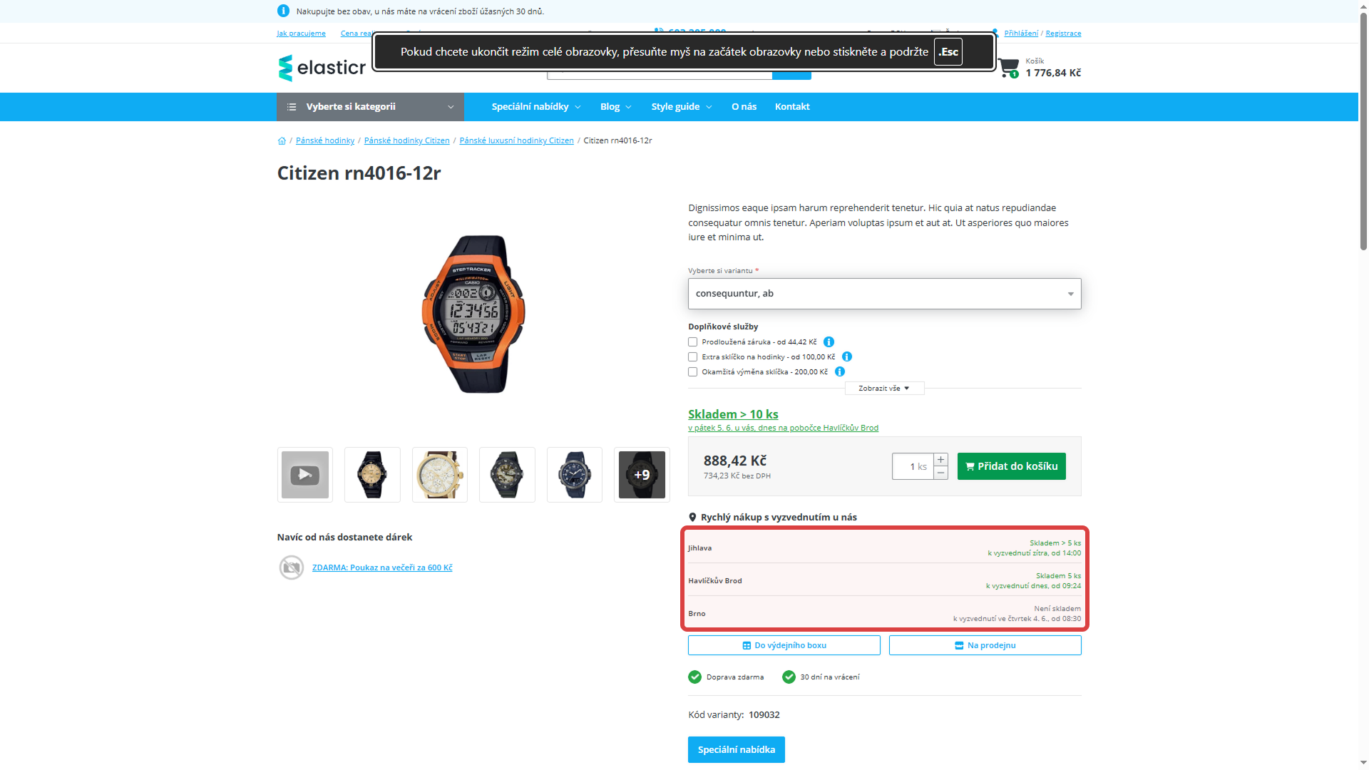 Přehled dostupnosti na detailu produktu, které zákazník uvidí na e-shopu.