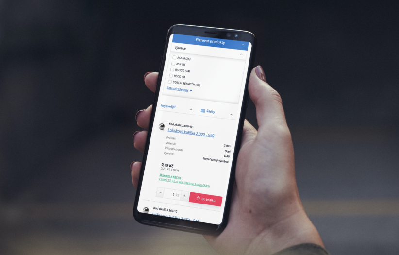 Ukázka výpisu produktů a části filtrace na mobilním zařízení
