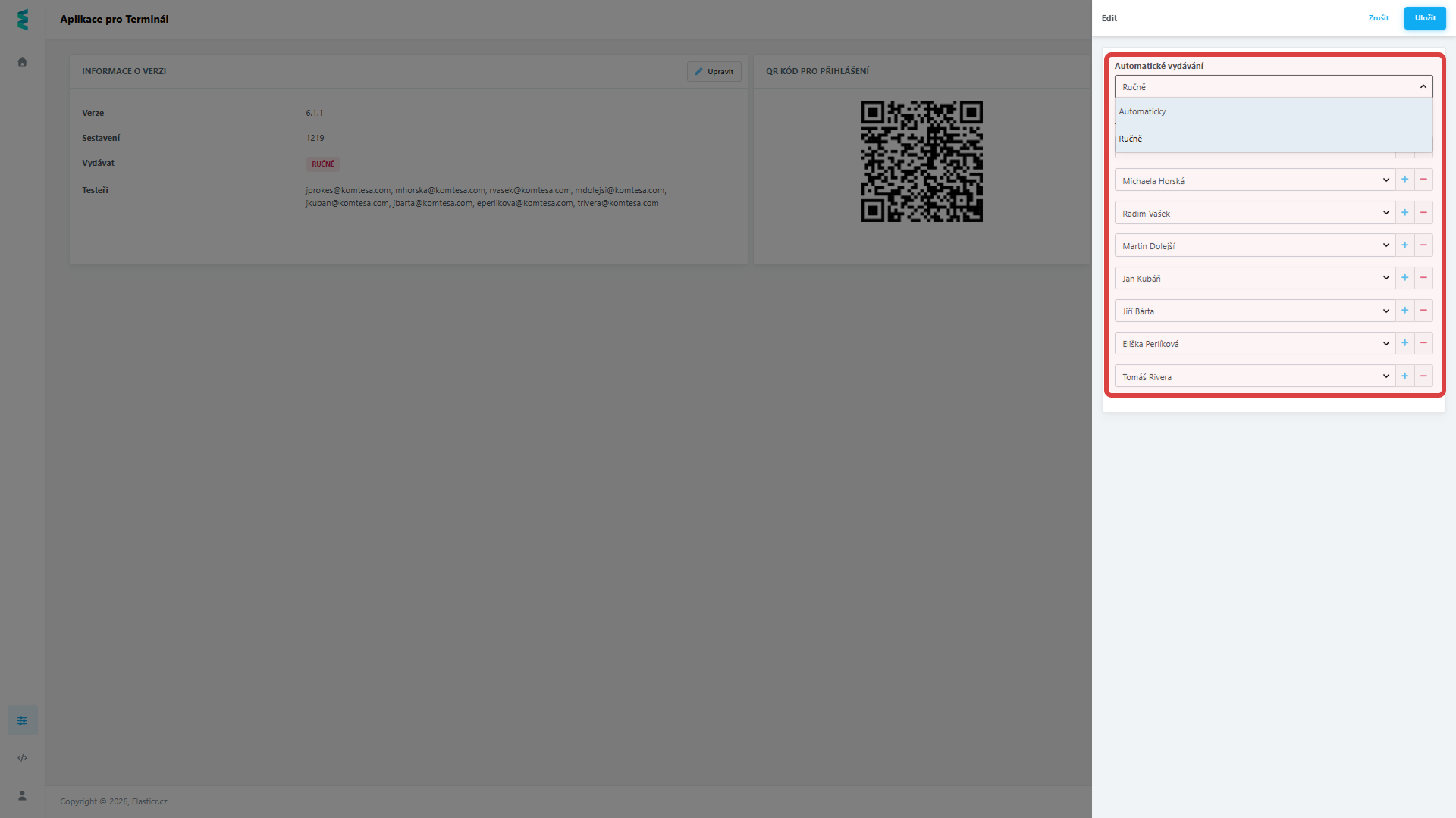  Nastavení ručního nebo automatického vydávání a uživatelů pro testování.