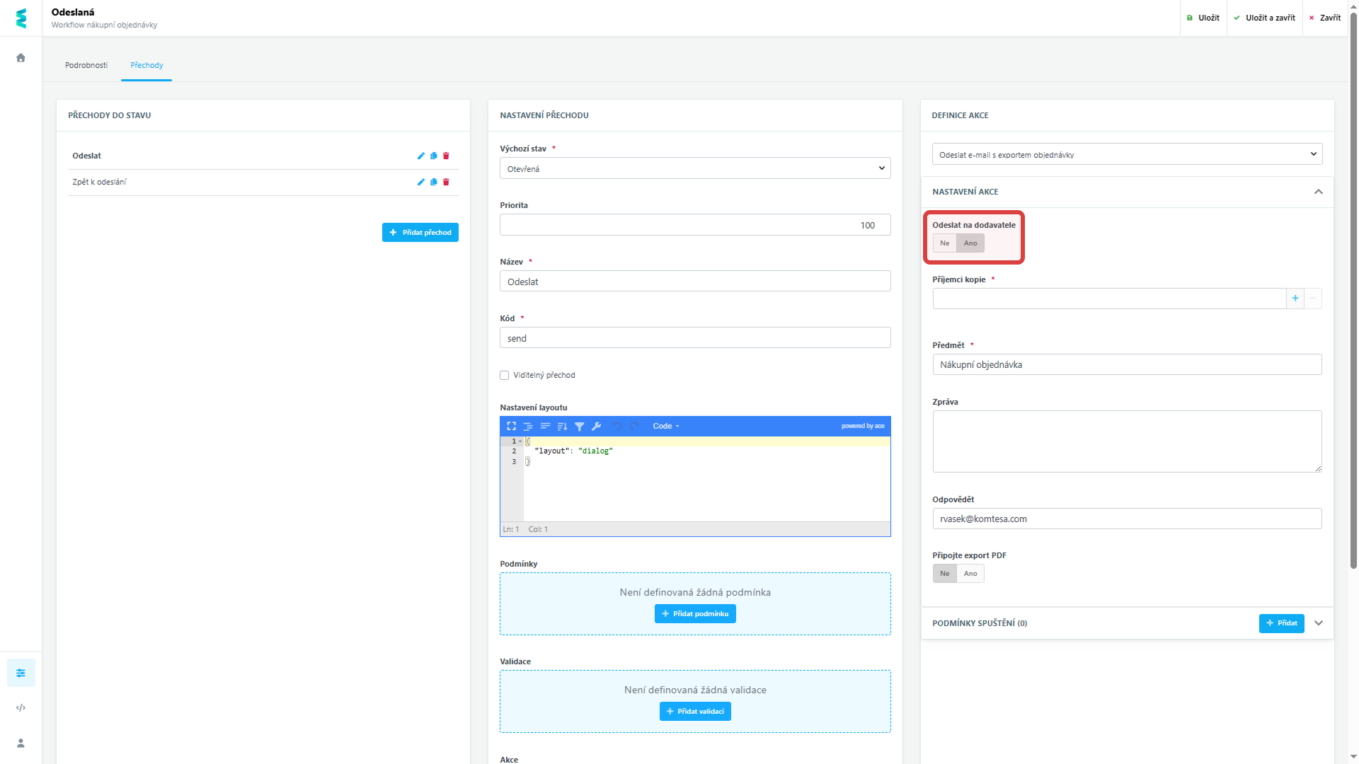 Přepnutím zvolíte automatické odesílání na e-mail dodavatele definovaný v jeho nastavení. 