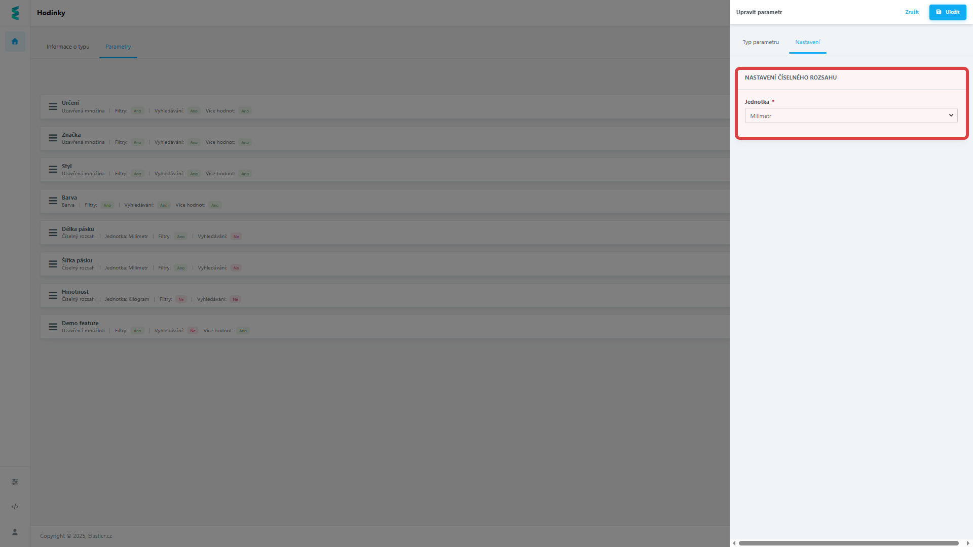 Nastavení měrných jednotek pro číselný druh parametru.