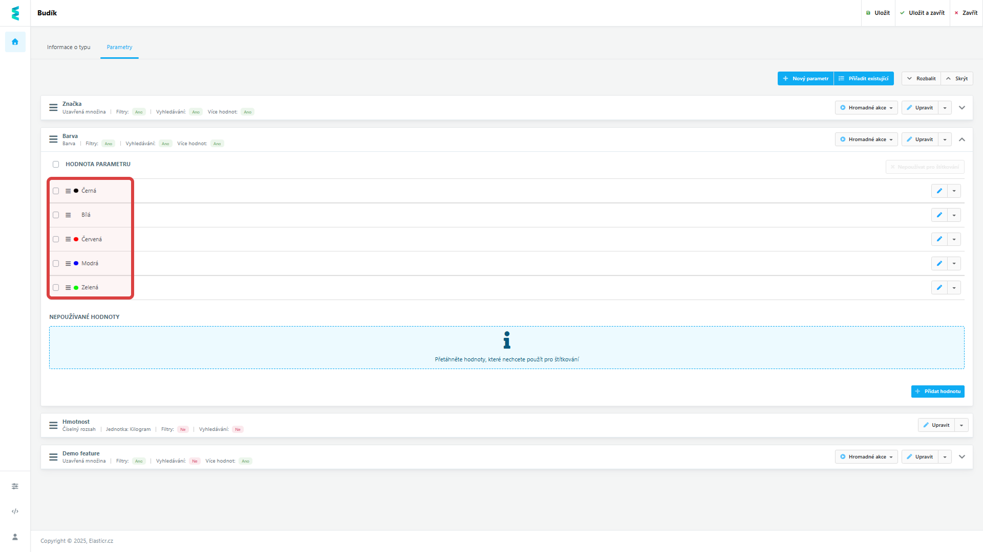 Typ parametru produktu - barevné vzorníky u barev. 