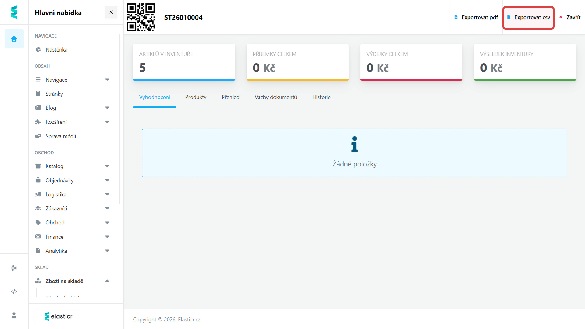 Volba pro stažení kompletního seznamu inventurních položek ve formátu CSV pro další zpracování.