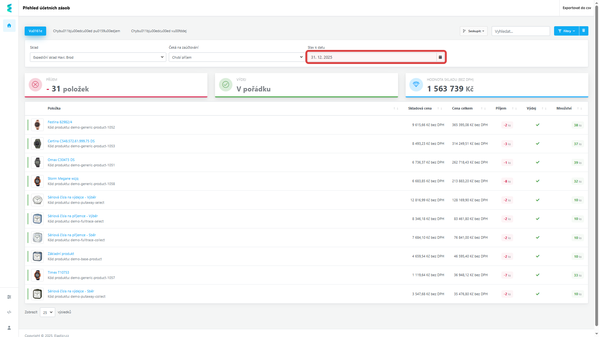 Zde si vyfiltrujete data ke konkrétnímu datu