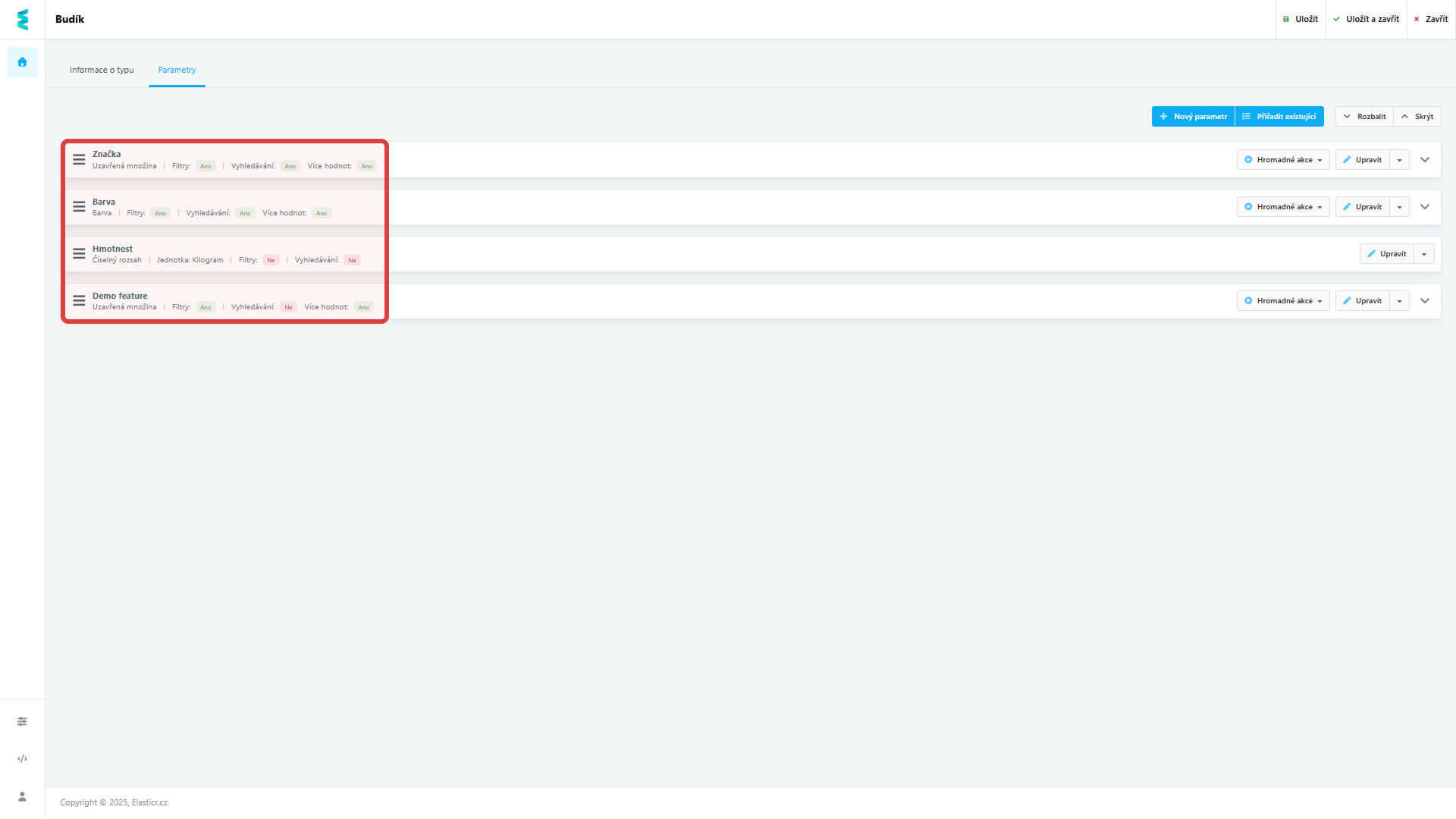 Příklad konkrétních parametrů pro typ produktu Budík.