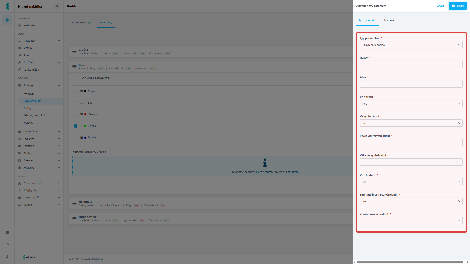 Zde nastavíte chování pro každý typ parametru. 