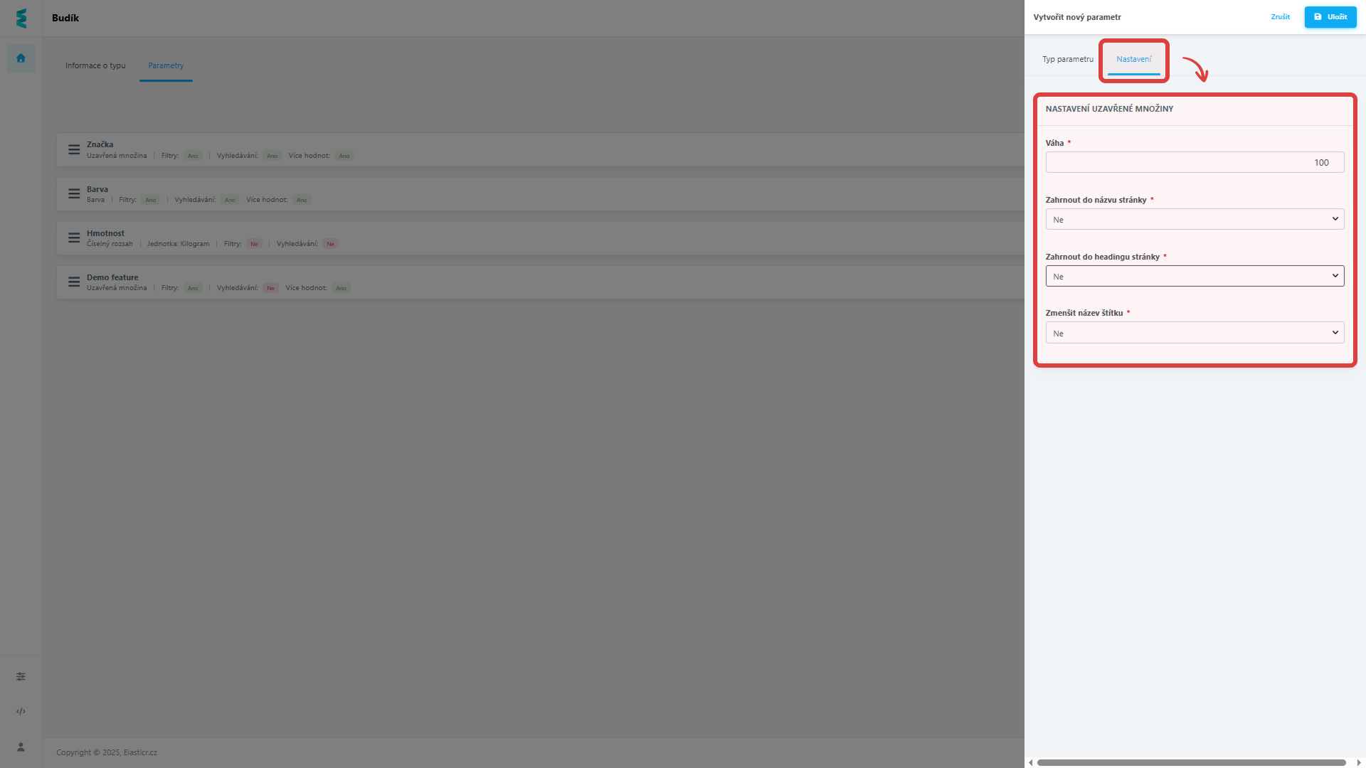 V kartě Nastavení pokud je karta k dispozici pro vybraný typ parametru vyplníte další náležitosti typu produktu - záleží jaký typ parametru vyberete. 