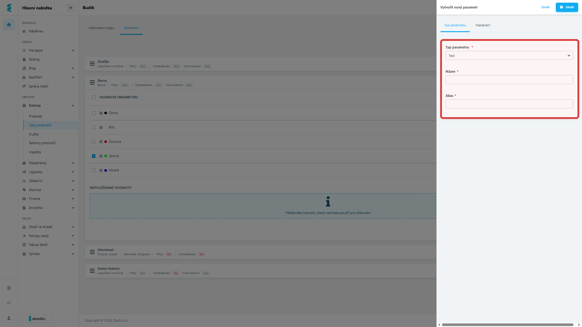 Nastavení textového parametru produktu. 