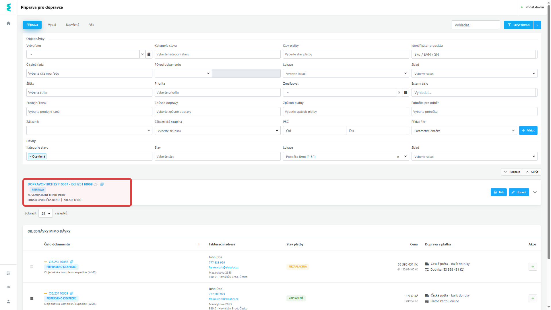 Po vyfiltrování se vám zobrazí jen dávky z konkrétní lokace nebo skladu
