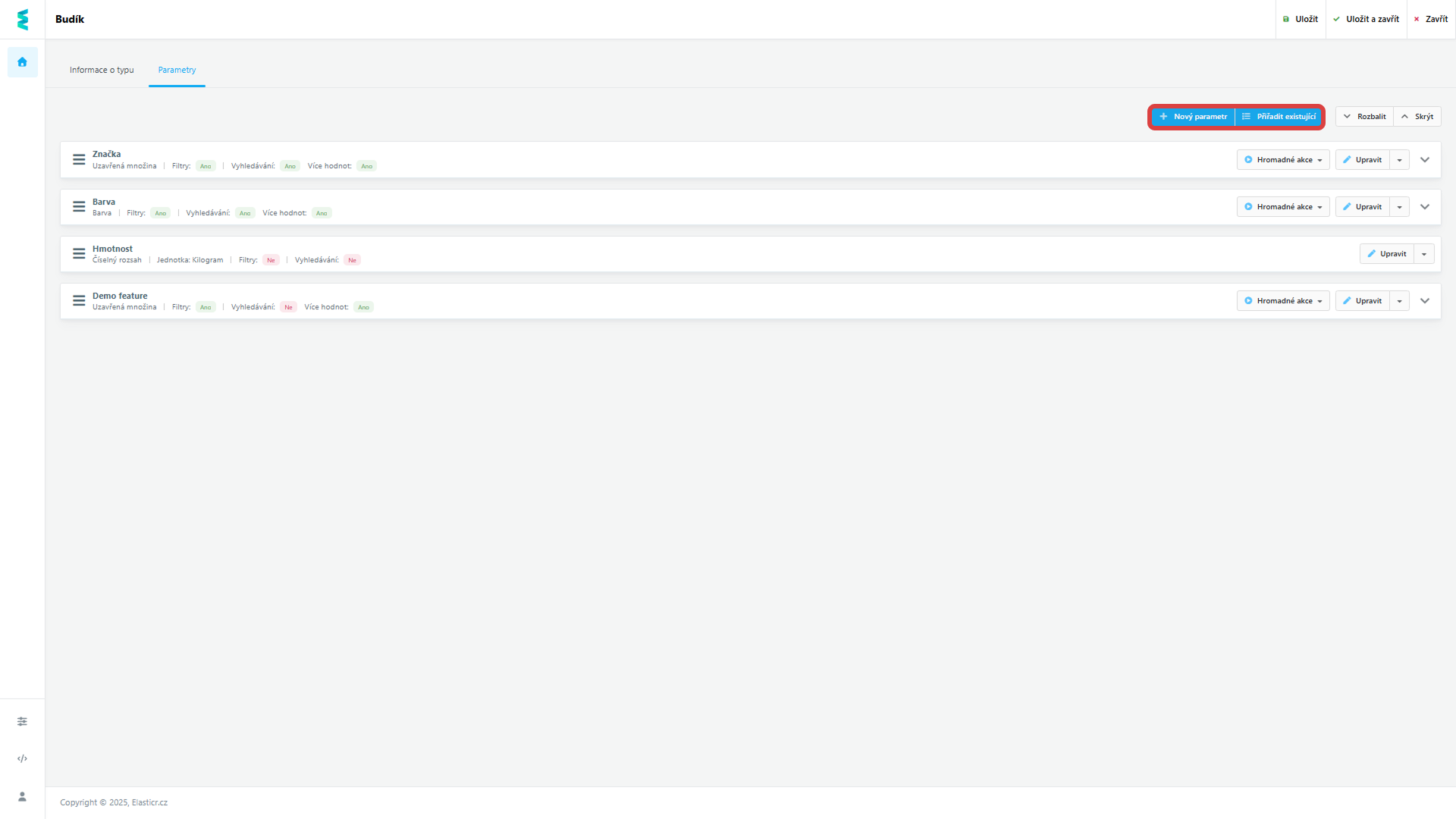 Volba tlačítka Nový parametr nebo Existující parametr.