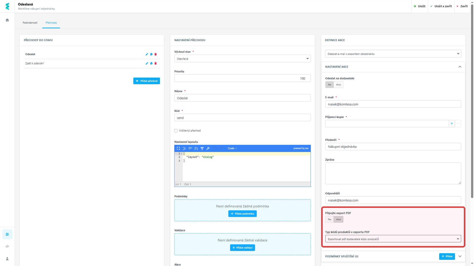 Nastavení zasílání PDF souboru s dodavatelskými kódy si snadno nastavíte v rámci workflow. 