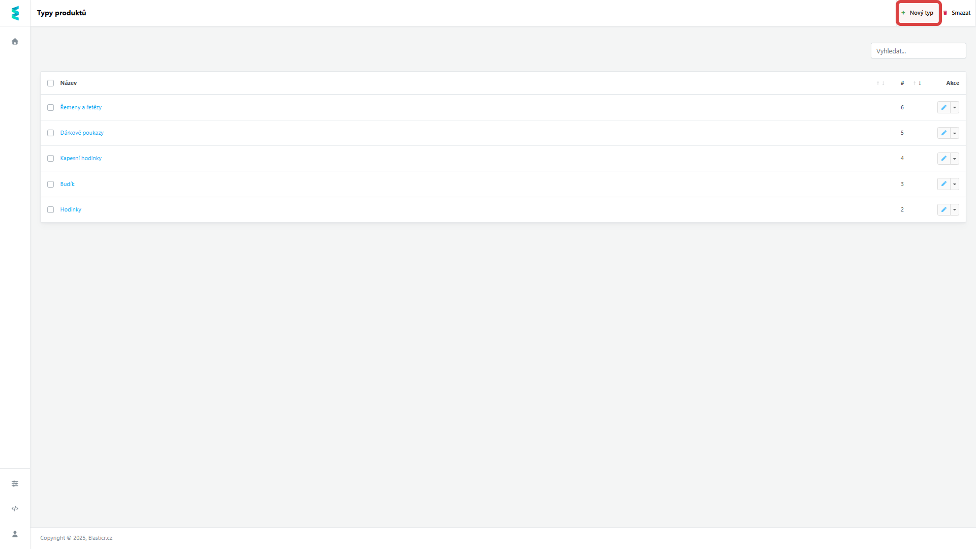 Příklad jednotlivých typů produktů a přidání zcela nového typu produktu přes tlačítko Nový. 