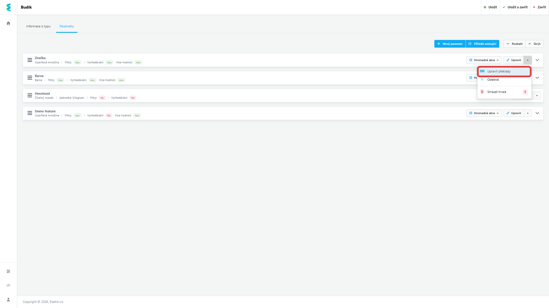 Pro úpravu překladů jednotlivých parametrů zvolte Upravit > Upravit překlady. 