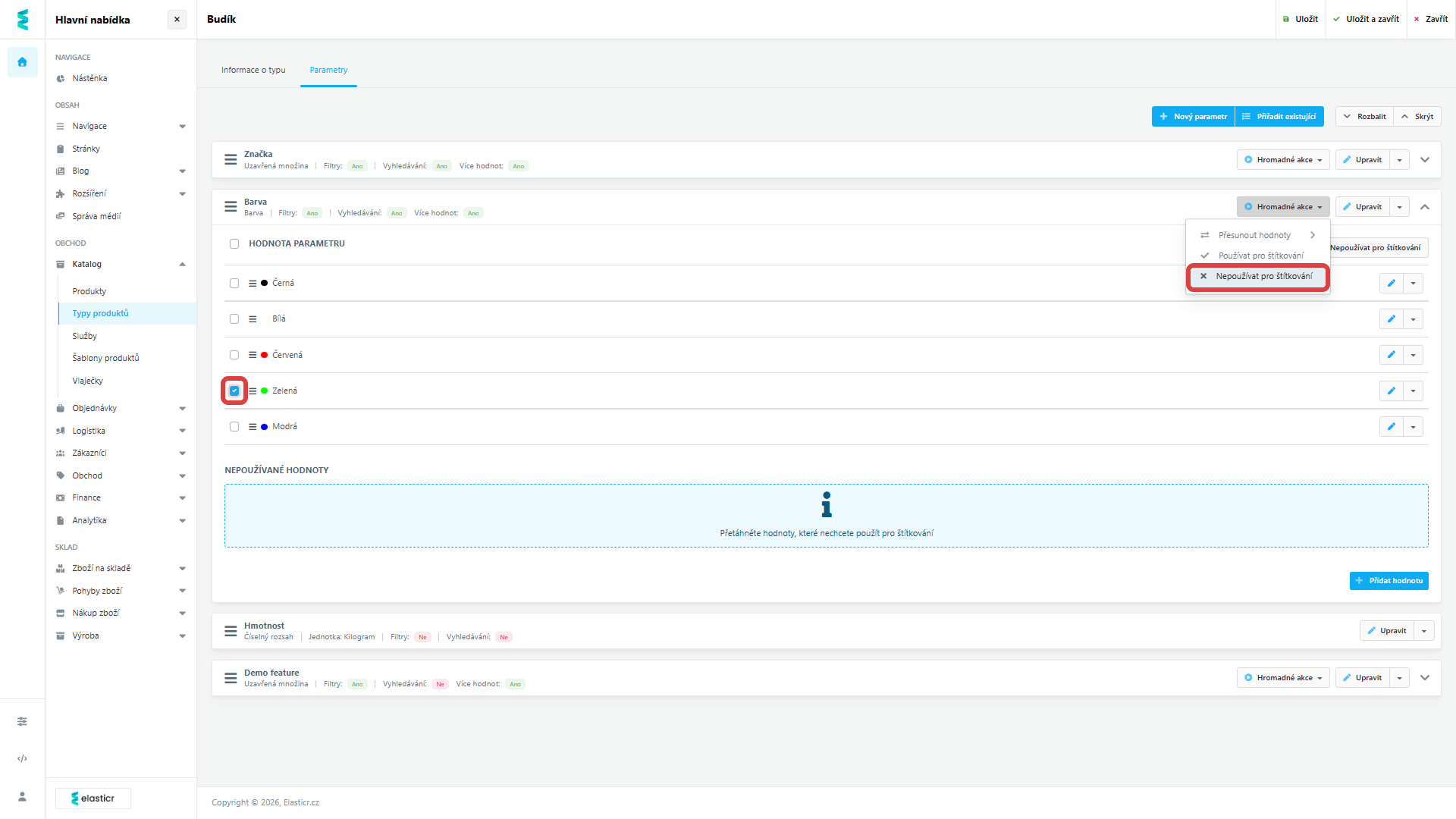 Zaškrtněte všechny hodnoty, které chcete přesunout do nepoužívaných a v hromadných akcích zvolte Nepoužívat pro štítkování. 