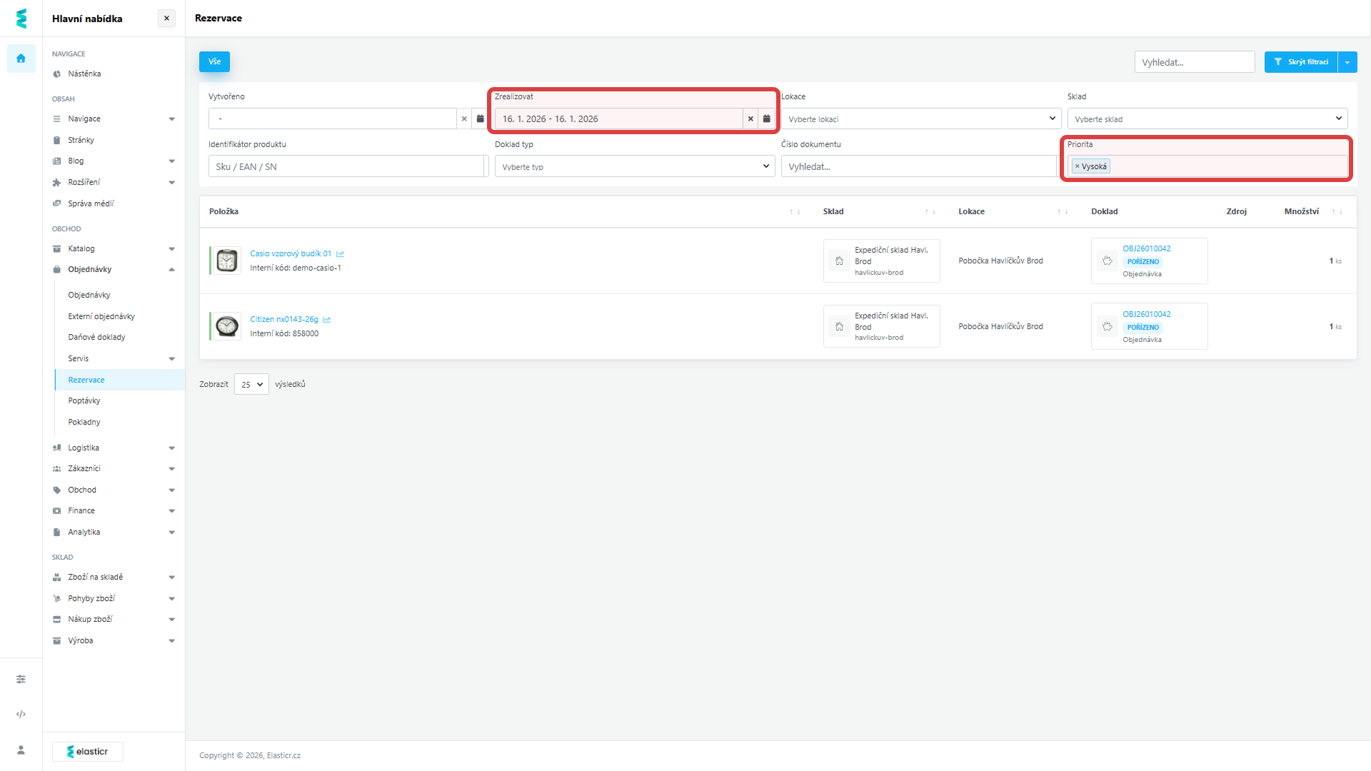 Filtrace v rezervacích dle data realizace, vytvoření a priority dokladu. 