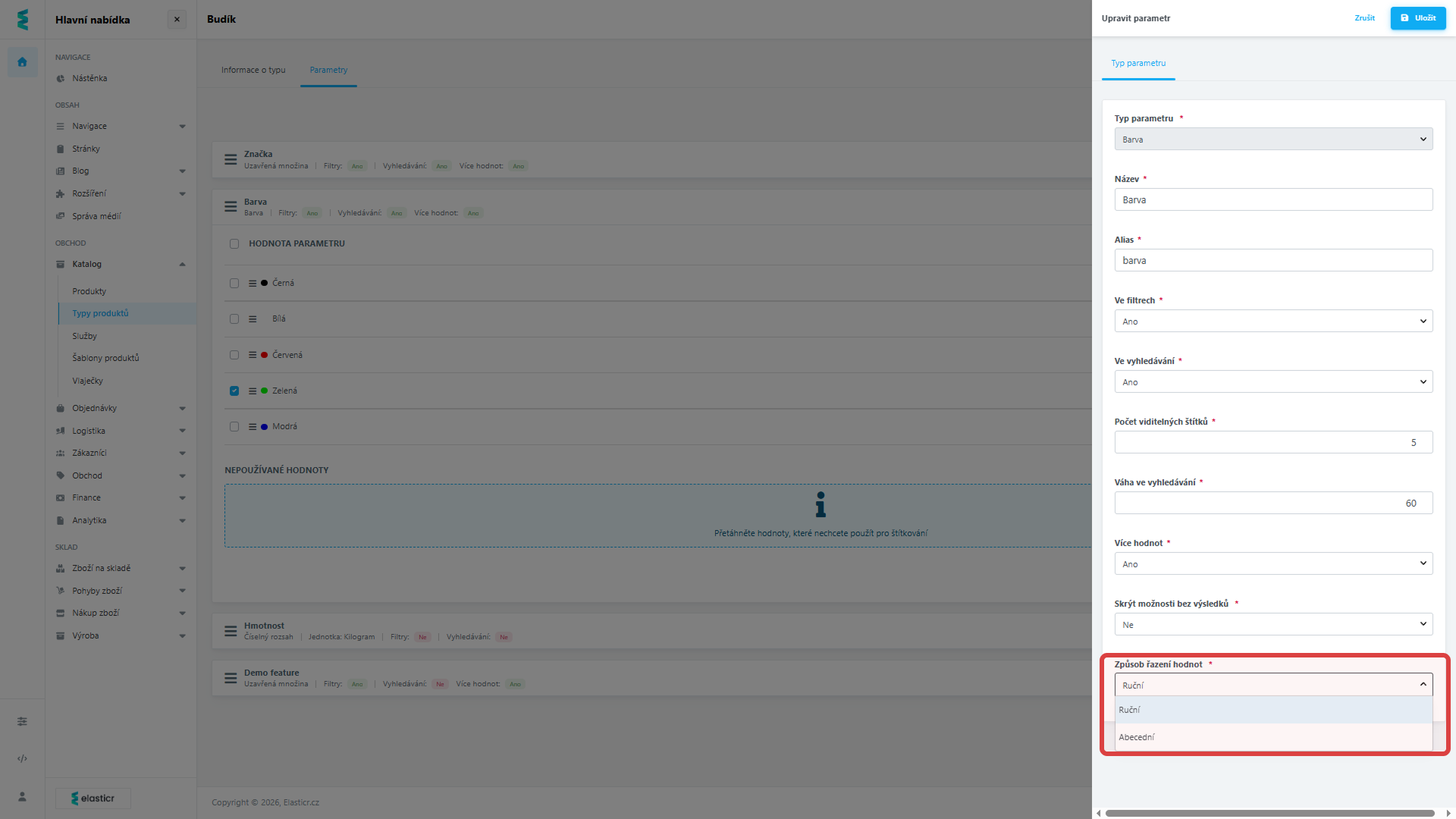 Abecední nebo ruční řazení produktu v nastavení. 