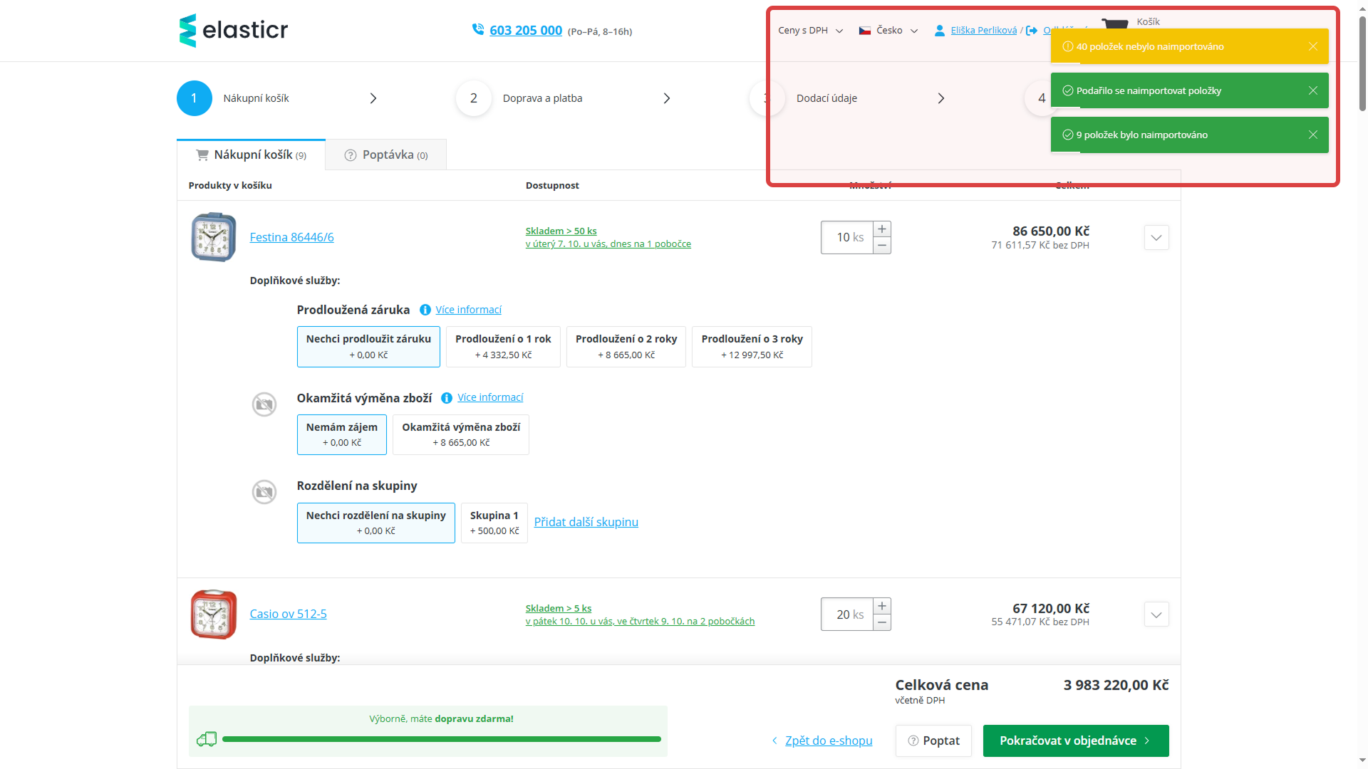 6. Košík se následně automaticky naplní produkty v požadovaném množství